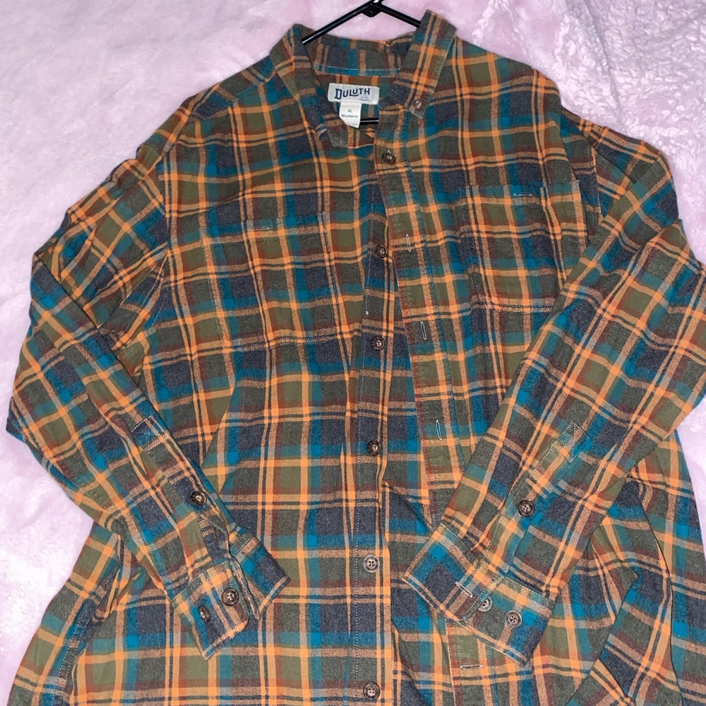 Duluth Trading Co Teal and Orange Plaid Shirt
